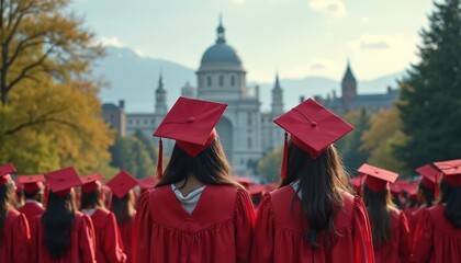 Students wear red caps and gowns for a graduation ceremony outdoors. They walk together towards a large building. Many graduates celebrate their academic achievement and future.