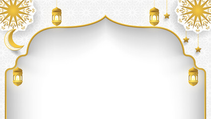 Islamic Background with white and gold crescent, lantern, stars and mandala.