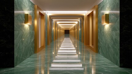 Modern hallway with green marble walls and golden light fixtures featuring reflective floor creating a surreal and elegant atmosphere of luxury and depth