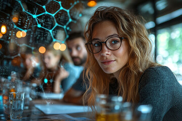 Young woman with glasses looking at camera with blurred colleagues and digital network overlay