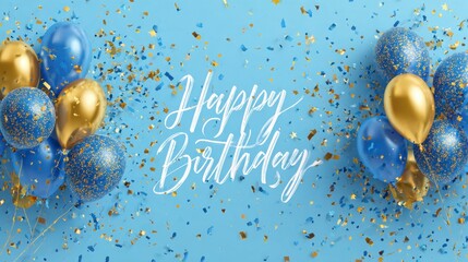 A festive background with scattered confetti and floating balloons. The words "Happy Birthday" are centrally displayed with an elegant cursive font. Blue and gold tones dominate the festive scene