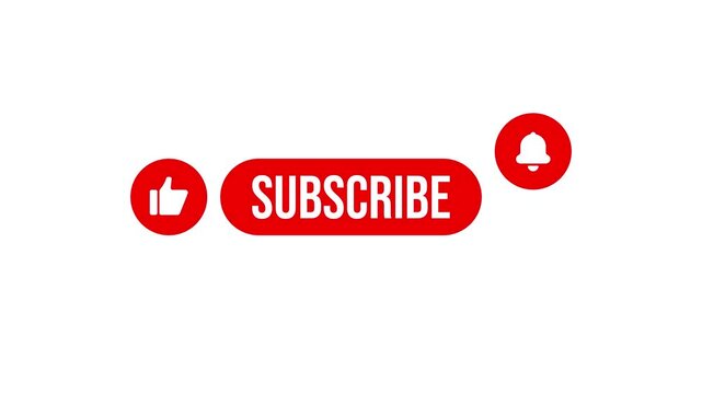 Thumbs-up, bell, and subscribe icons in red circles and a rectangle. Animated upward movement and bouncing.