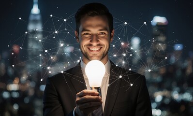 Smiling man in a suit holds a glowing light bulb, representing bright ideas and innovation, with a digital network over a night city.