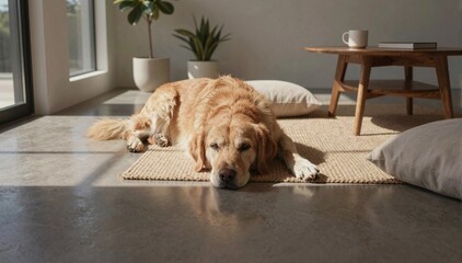long-haired dog rests comfortably on woven rug in bright, modern home, enjoying serene moment with wooden side table and mug, cozy lifestyle, relaxation, calm, pet comfort, springtime festivity