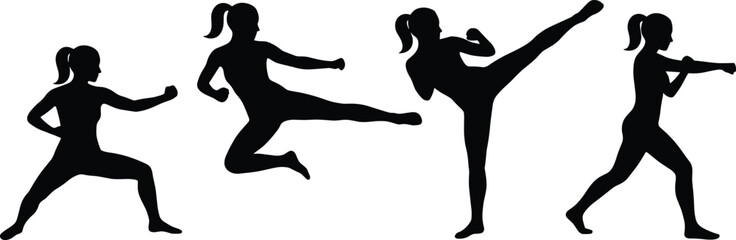 Fototapeta premium Silhouettes of martial artist in action, black figure, kickboxing pose, ponytail fighter, high kick, punch, combat stance, white background, dynamic motion