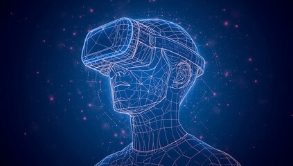 Wireframe human head wearing a virtual reality headset with glowing particles and digital grid background Keywords: VR, virtual reality, headset, technology, future, digital, cyberspace