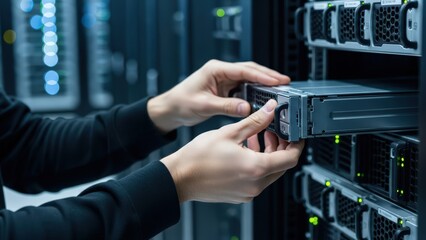 IT Professional Installing Storage Drive in Modern Data Center Server Rack data center