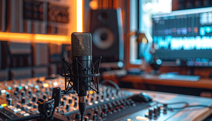 Professional condenser microphone with metal grille and black matte finish in a music studio setup