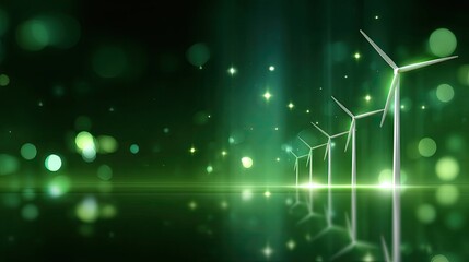 Naklejka premium Serene Wind Turbines Under Starry Green Glow with Reflection, Ideal for Renewable Energy, Nature, and Technology Concepts in Stock Photography