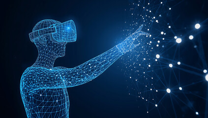 Wireframe human figure wearing VR headset touching a glowing digital network of nodes and lines VR headset