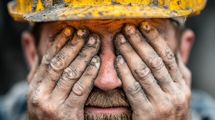 Close Up Depressed Construction Worker with Dirty Hands on Face Portrait