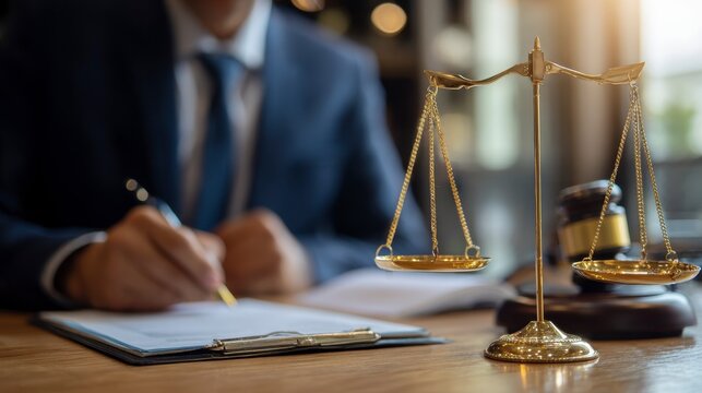 A close-up shot of a golden balance scale and gavel next to a person in a suit, writing on paper