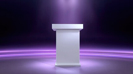Elegant white podium in spotlight on a dark background with colorful lighting for professional presentations and events, showcasing modern design and simplicity