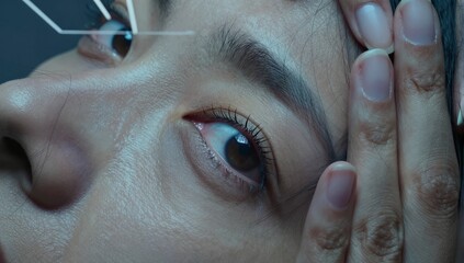 fair-skinned adult with calm, neutral eyes and hands gently resting on their forehead, creating serene mood, emotional reflection, wellness, mindfulness, serenity. Thanksgiving