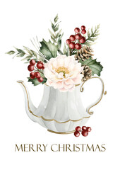 White Peony with Pine Cones Holly Berry Eucalyptus in porcelain teapot greeting card Winter arrangement. Watercolor hand drawn isolated illustration on white for Christmas design cozy holiday print