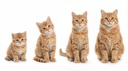 Four fluffy kittens in row, sitting upright with alert expressions, against white background, calm and serene, adorable pets, playful scene, cuteness, family, springtime festivity, kitten growth
