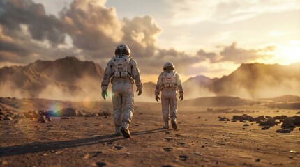 Two astronauts walking across an alien desert landscape under dramatic sky. Futuristic space exploration mission, Human discovery, Teamwork and Sci-fi adventure concept.