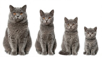 Four gray cats of varying sizes are arranged horizontally against white background, calmly observing viewer, showcasing their alert expressions, and highlighting their unique fur patterns, gray