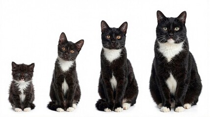 Four black cats of varying sizes are arranged in row against white background, exhibiting curious expressions and open eyes, and calm, serene mood, featuring white and black fur, playful pet scene