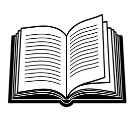 An open book with many pages illustrated in a simple black and white line art style