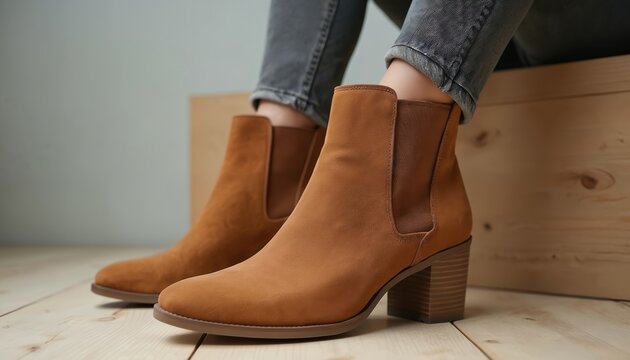 Fashionable brown suede ankle boots with block heels on a wooden floor. These stylish Chelsea boots are paired with grey jeans for a chic, casual outfit suitable for autumn walks or city outings.