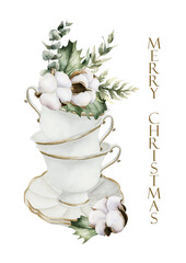 Cotton Eucalyptus Holly berry leaves in white porcelain cups greeting card. Winter Watercolor hand drawn isolated illustration on white background for Christmas design holiday print cozy home textile