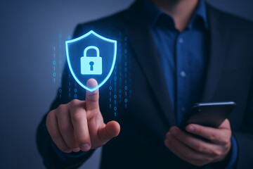 Cyber security verification concept with futuristic interface digital shield and mobile communication ensuring online safety and privacy control
