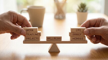 Work life balance concept with wooden cubes on scale representing career priorities wellbeing family and personal harmony in modern lifestyle.