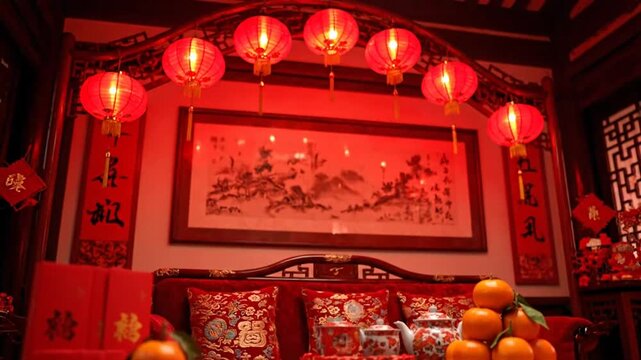 Vibrant red interior decorated for a traditional Chinese celebration with