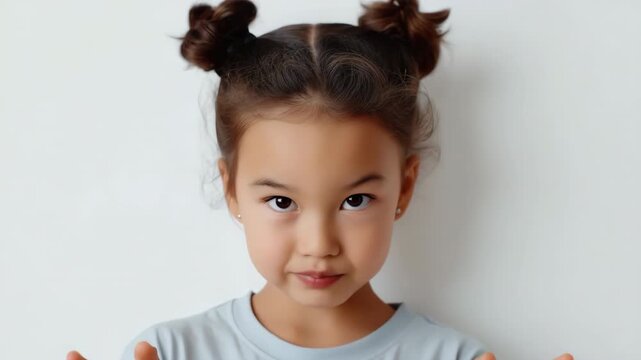 Asian young girl with playful expression and hair buns on white background
