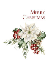 White Poinsettia with Pine Cones Holly Berry Eucalyptus greeting card. Winter floral arrangement. Watercolor hand drawn isolated illustration on white background for Christmas design holiday print