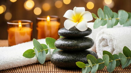 Stacked hot stones, frangipani, eucalyptus, and lit candles create a serene spa and wellness atmosphere with white towels on a bamboo mat.