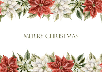 Poinsettia Flowers greeting card. Traditional Christmas Winter Decoration Plants. Watercolor hand drawn isolated vintage floral illustration for Christmas winter design holiday prints New Year