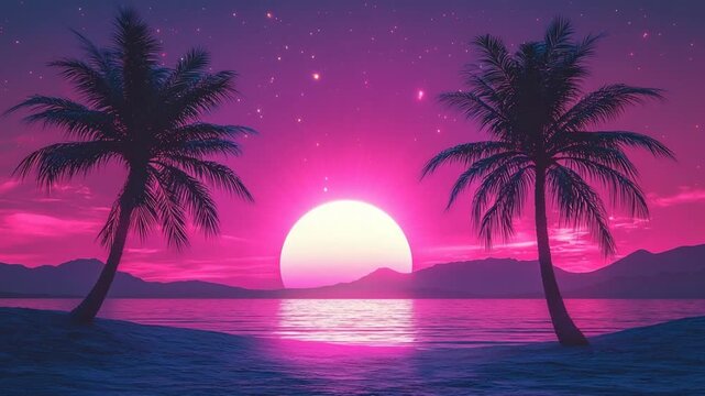 80s synth wave palm tree landscape with neon colors video