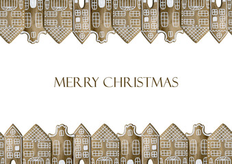 Gingerbread houses cookies with white icing greeting card. Hand painted watercolor illustration isolated on white background for cozy winter holidays Christmas design postcard fabric textile print