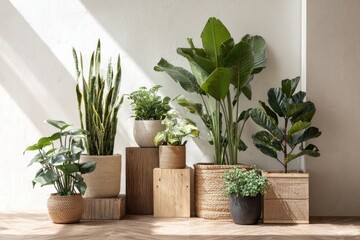 Fototapeta premium Assortment of indoor plants in woven pots, set against a white wall