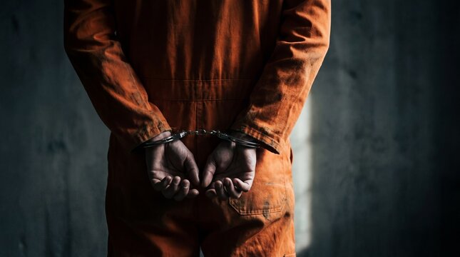 Handcuffed person wearing orange prison uniform in detention concept, close-up view symbolizing arrest, justice system and criminal process.
