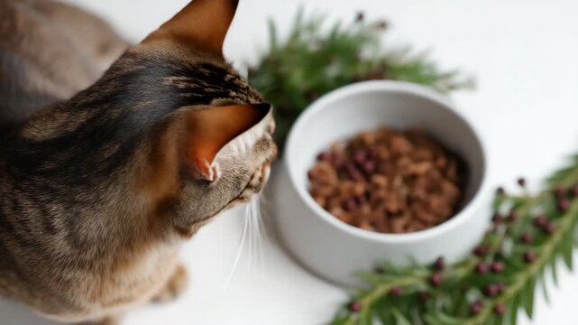 Tabby cat looking up near bowl of kibble and greenery