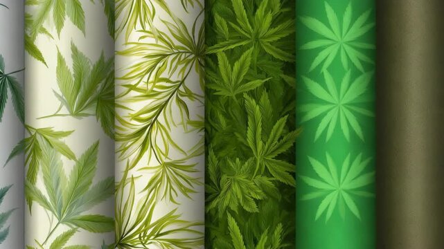 Colorful botanical leaf patterns on rolled wallpaper display