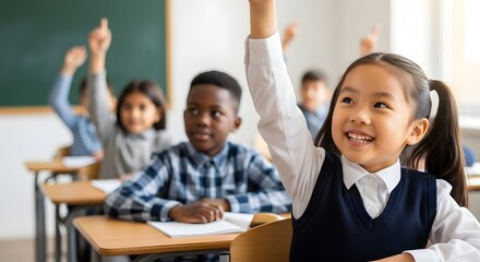 Happy diverse students actively participating and raising hands in a bright classroom, embodying the 'Back to School' enthusiasm and learning concept