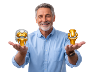 Visionary's Display: An older man stands with an insightful gaze, showcasing two futuristic object in his hands, representing innovation, progress, and an era of new technological discovery.