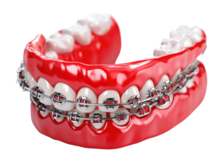 Dental Braces Model: A close-up view presents a detailed model of teeth, meticulously fitted with dental braces, against a clear background, offering a focused look at orthodontic care.