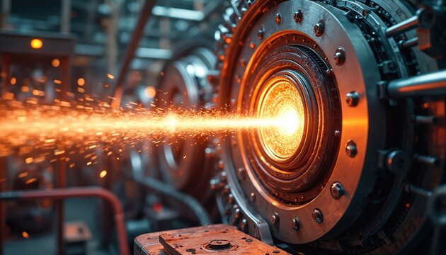 Particle beam shoots through complex machinery. Intense light and sparks fly from scientific experiment. High-energy physics research at advanced tech facility. - Powered by Adobe