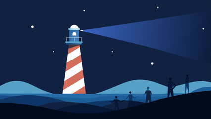 Nighttime lighthouse with guiding light