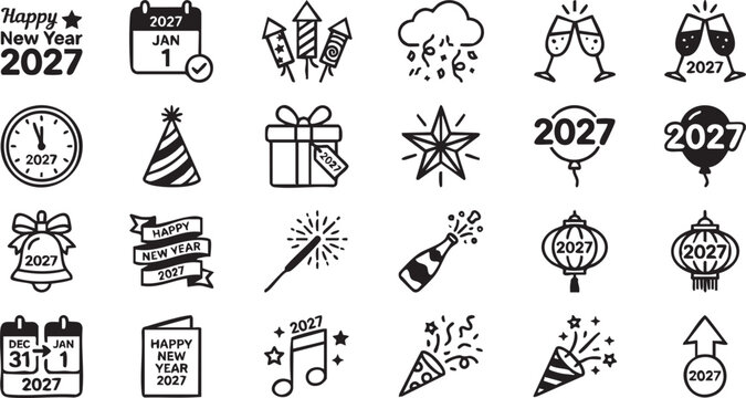 New Year 2027 celebration icons and symbols set