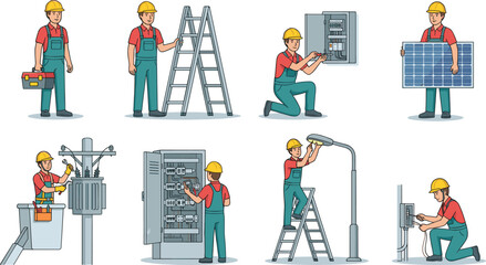 electricians performing various installation and maintenance tasks, solar panel setup, wiring repair, streetlight fixing, control panel inspection, professional electrical service and safety
