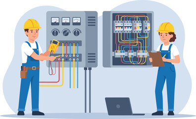 electricians testing circuit panel with multimeter, wiring inspection and documentation process, professional maintenance teamwork ensuring electrical safety, modern control system repair