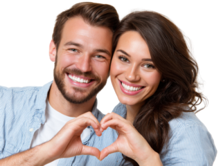 Love's Embrace: A radiant couple exudes pure joy, their hands forming a heartfelt symbol of love. The bright smiles of the pair, representing intimacy, tenderness, and romance.
