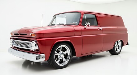 Classic red delivery van on white background vintage transportation