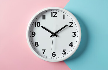 Simple white wall clock shows time near ten. Numbers and hands mark hours minutes seconds on circular dial. Minimalist background splits pink blue.